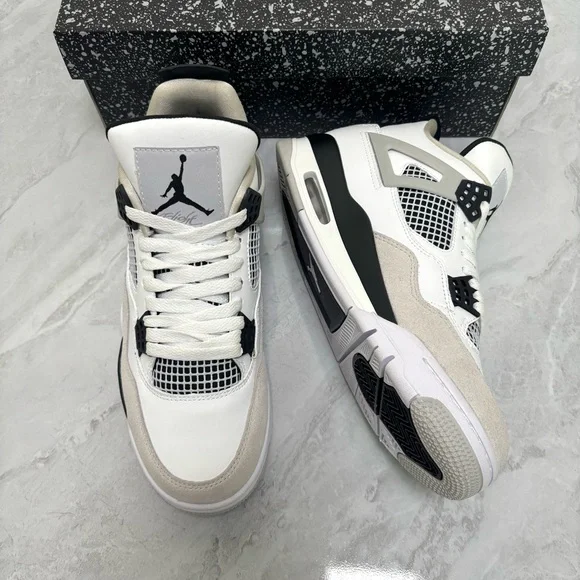 Brand New Retro 4 Military Black -Men’s Sneakers Trainers-White/Light Grey/Black - Picture 4 of 6